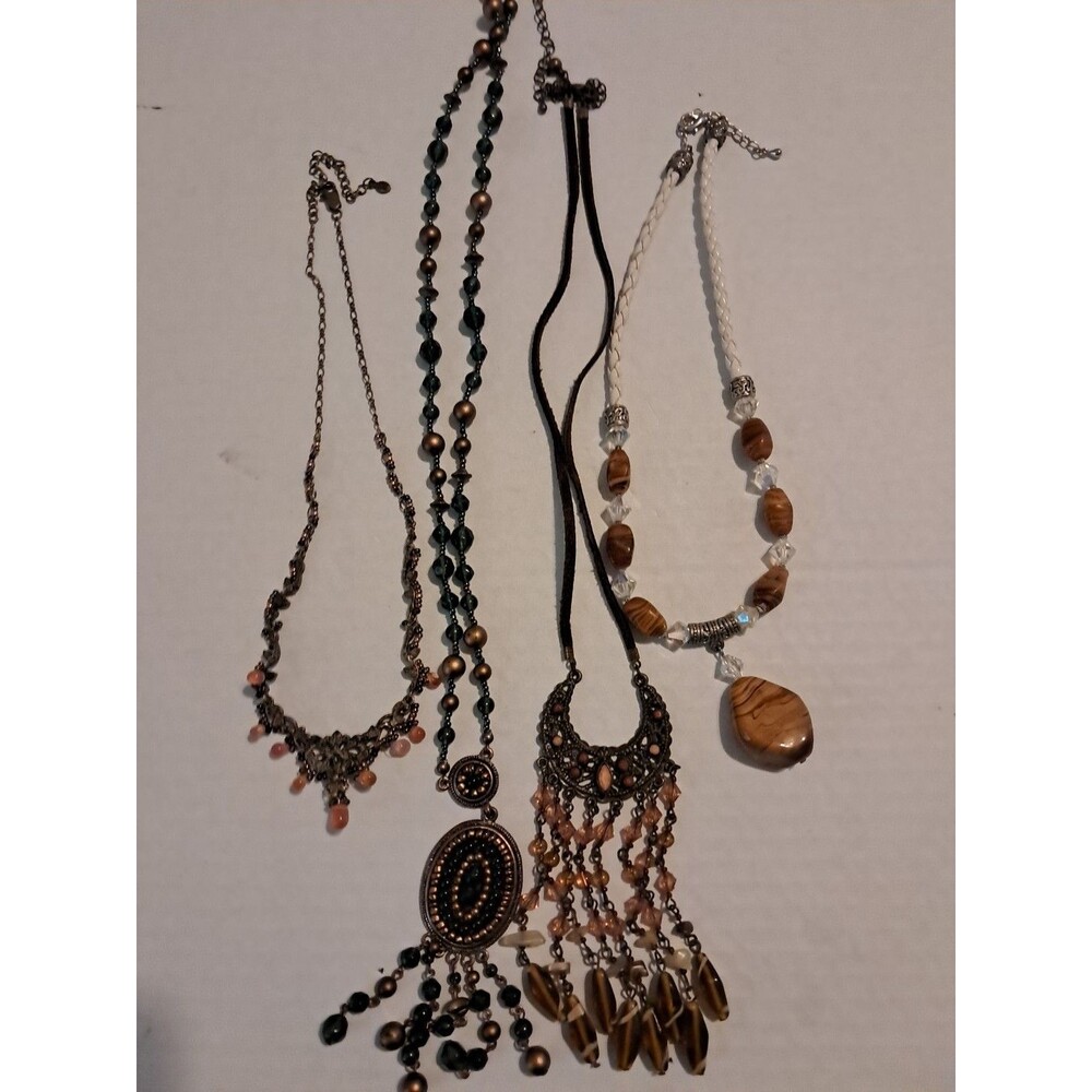 Lot of 4 Necklaces - MIXED EARTH TONE MATERIALS . Shades of brn wht, org, Grn.